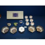 A boxed set of Oriental rice dishes, plus six lipped pots and small blue teapot.