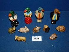 A small quantity of Wade animals, (one a/f), together with four hand painted pottery duck figures.