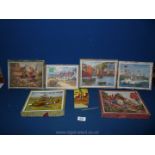 Six wooden Victory jigsaws, all complete and boxed and a puzzle Brick set.