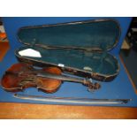 An unmarked Violin / Viola, body 15 1/4" long, total length 26", in need of restoration,