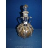 A hand-blown baluster shape, two handled Decanter with stopper, etched with grapes,