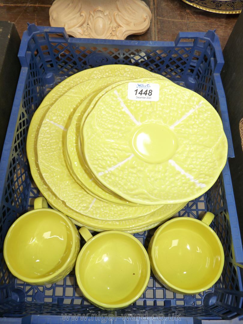 A twelve piece Portuguese Secla (Majolica style) yellow cabbage leaf Dinnerware set for three to - Image 2 of 2