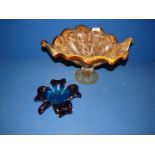 An Italian made white crystal stemmed fruit bowl together with a leaf shaped aubergine and blue