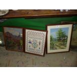 Three framed Tapestries depicting a country scene, Christmas 1980 and another.