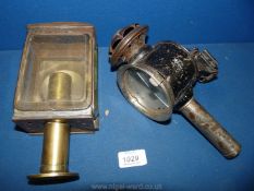 A Victorian carriage Lamp and a Candle Lamp, one with glass cracked, 9'' approx.