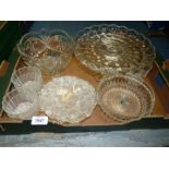 A quantity of miscellaneous glass including pressed glass cake stand, Fleur de Lys footed bowl,