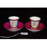 A pair of Sevres cups and saucers, various mid-19th century dates, outside painted,