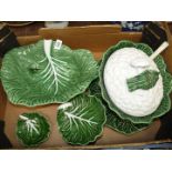 A large five piece green cabbage serving set including a tureen with saucer and ladle,