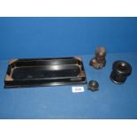 A black rectangular tray with London silver corners plus a black ink pot, head etc.
