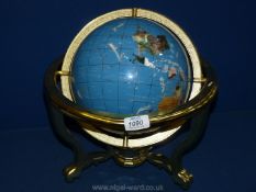 A Gemstone Globe on metal stand with compass in the base, 13 1/2'' tall overall,