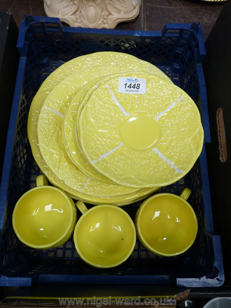 A twelve piece Portuguese Secla (Majolica style) yellow cabbage leaf Dinnerware set for three to