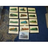 Twelve framed prints depicting various steam trains,and a V. Welch print of 'The Evening Star'.