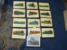 Twelve framed prints depicting various steam trains,and a V. Welch print of 'The Evening Star'.