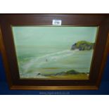 A framed Oil on canvas depicting a Seascape with two children paddling, initialed lower left V.S.