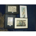 Three oriental prints on handmade paper of various scenes to include boats,