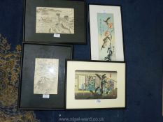 Three oriental prints on handmade paper of various scenes to include boats,