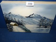 A small unframed oil on canvas depicting a Snowy Alpine scene, unsigned.
