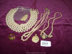Three simulated pearl necklaces, a/f, Moorish style pendant and gents signet ring.