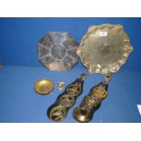 Two horse brasses, a brass tray and frog and two white metal trays.