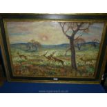 An Oil on board signed Hartrick depicting deer running through country landscape, 38" x 26 1/2".