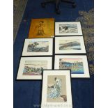 Six black framed Oriental prints of various landscapes along with a modern oriental print on canvas
