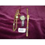 Three ladies watches, a SO & CO, New York wristwatch with a hardened mineral crystal face,
