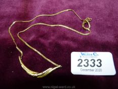 A 14ct gold (585) necklace with a feather style pendant with coloured stones in a white pouch.