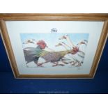 A framed Simon Drew print 'Poultry in Motion' signed in pencil in margin.