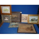 A box of pictures to include Oil on board of coastal scene,