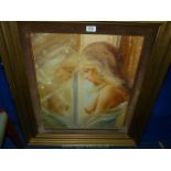 A framed Portrait of a young girl admiring her breasts in a mirror, signed Oil on canvas,