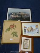 Four framed Prints: Acropolis of Athens, a Redoute print of Rosier de Francfort,