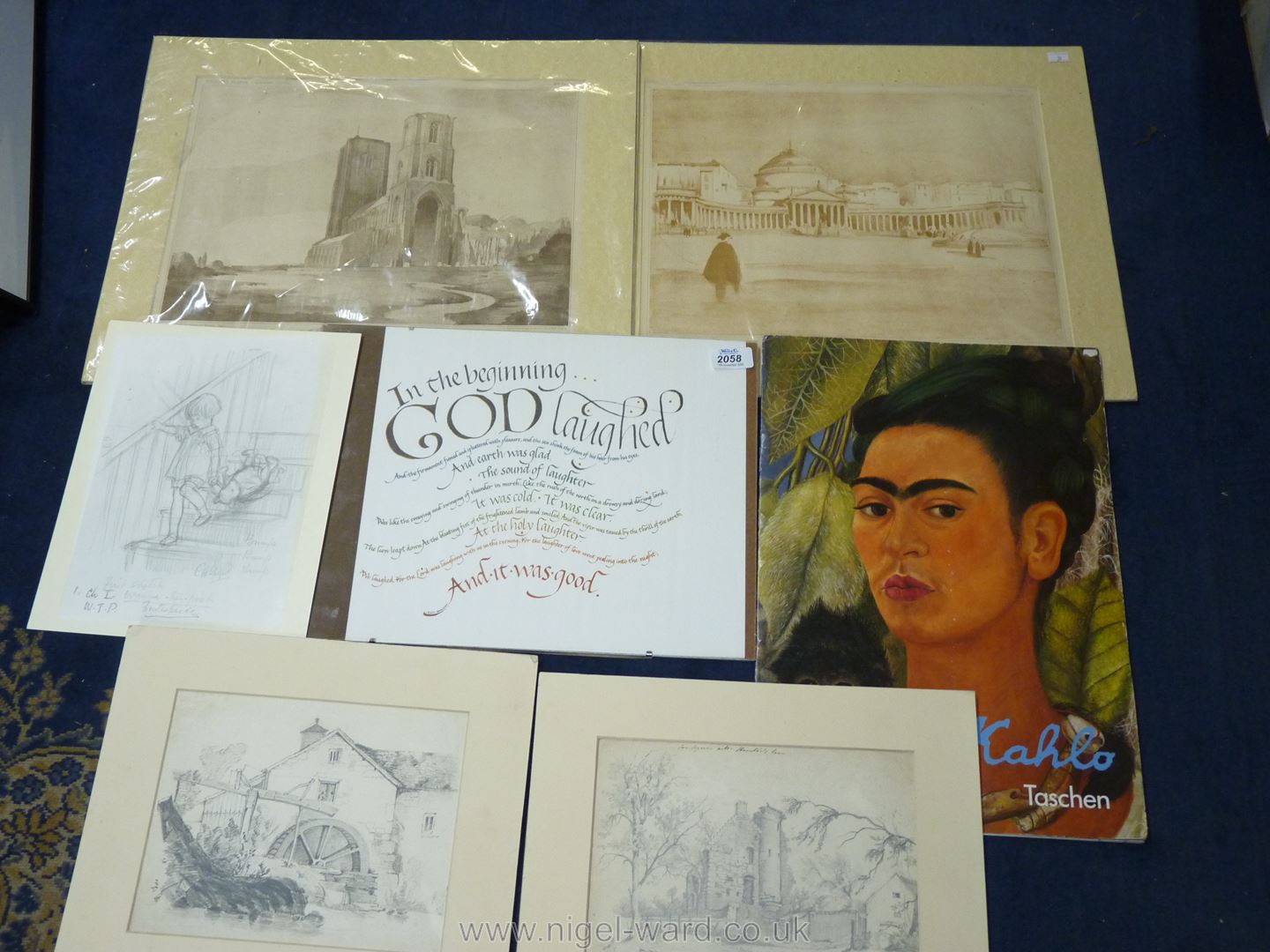 A quantity of unframed drawings, architectural prints, artwork, Frida Kahlo folder etc.