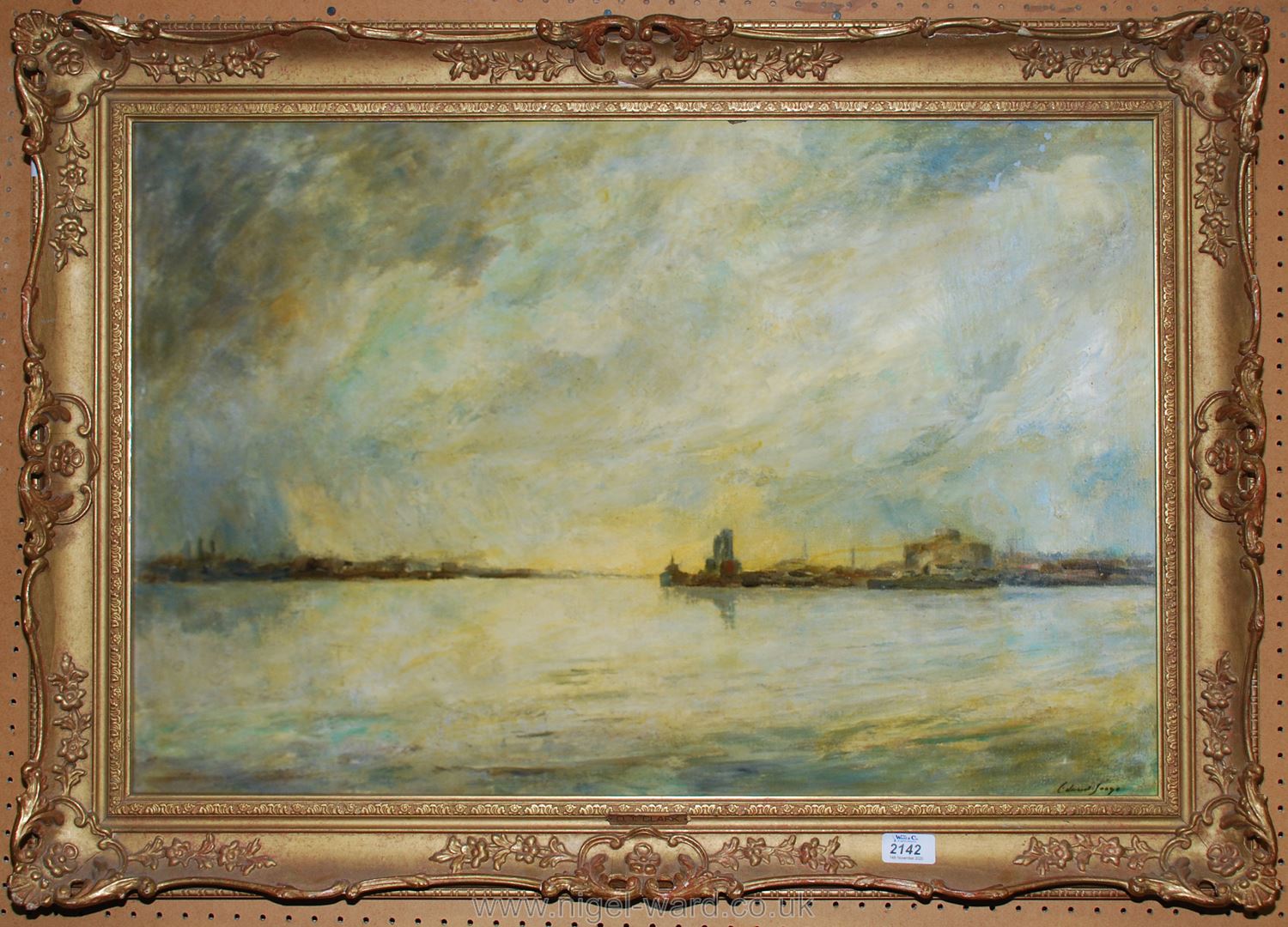 A framed oil on board attributed to Edward Seago, apparently entitled "Rain Clouds over Le Havre",