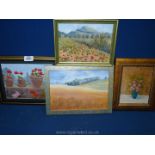 Four small oil on boards to include 'Geranium's in the Rain', 'Kissonerga Poppies', 'Egmond Harves',