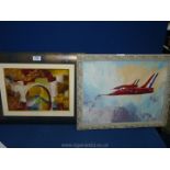 A 1960's signed Oil painting of the Red Arrows with a semi-abstract/cubist style painting of a