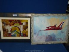 A 1960's signed Oil painting of the Red Arrows with a semi-abstract/cubist style painting of a