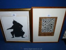 A framed black Silhouette of a Sumo wrestler and framed Japanese cut out picture dated on verso,