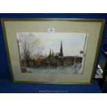 A framed and mounted Watercolour of a street scene with figures and church,
