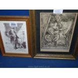 A framed and mounted etching of a figure playing a Harp signed lower right L.