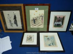 Five early 20th century Watercolours/Prints including H.E. Bateman and Phil May.