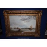 A heavy carved gilt framed unsigned Oil on board of a harbour scene, possibly continental,