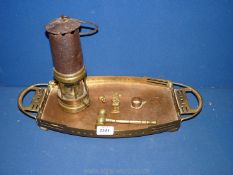 A rectangular brass Tray, miner's lamp, brass hammer, etc.