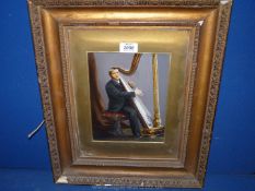 A heavy framed and mounted Oil painting depicting a young Gentleman sat on a stool playing a grand