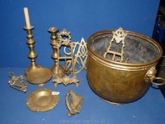 A two handled coal bucket, candlesticks, trivet and door knockers in shape of harp etc.