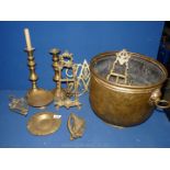 A two handled coal bucket, candlesticks, trivet and door knockers in shape of harp etc.