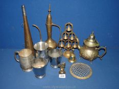 A quantity of mixed metals including teapot, pewter tankard, brass horn, bells, coffee pot etc.