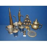 A quantity of mixed metals including teapot, pewter tankard, brass horn, bells, coffee pot etc.