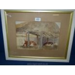 A framed and mounted watercolour of horned cattle resting under a shelter.