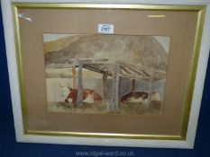 A framed and mounted watercolour of horned cattle resting under a shelter.