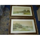 A pair of coloured Lithographs depicting country landscapes signed George Oyston, 33 1/4" x 21 1/2".